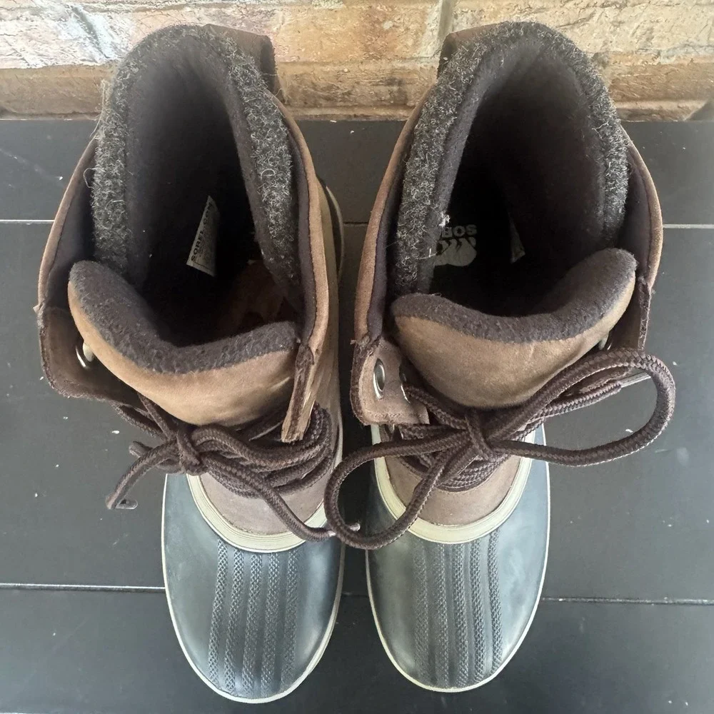Sorel Womens Size 8.5 Black Brown‎ Waterproof Leather Duck Boots Slimpack III